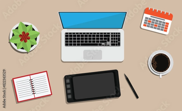 Fototapeta Graphic Designer Table with Laptop and Drawing Tools. Art and profession concept vector art