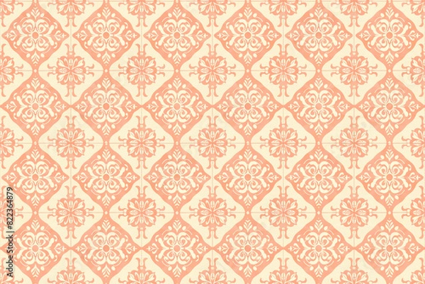 Fototapeta Elegant floral tile pattern with intricate peach designs on a beige background, creating a sophisticated and seamless design for decoration. Ideal for textiles and backgrounds.