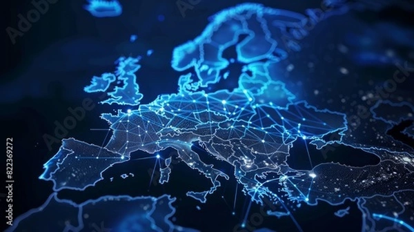 Fototapeta Abstract map of Western Europe, concept of European global network and connectivity, data transfer and cyber technology, information exchange and telecommunication