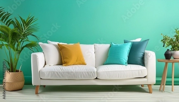 Fototapeta Modern Interior Promotion: Colorful Cushions and White Sofa Against a Turquoise Wall Mockup"