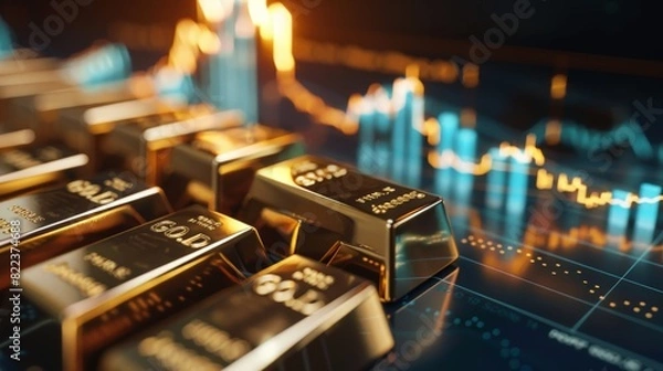 Fototapeta Gold bars combined with a growth chart, highlighting the relationship between tangible assets and financial growth.