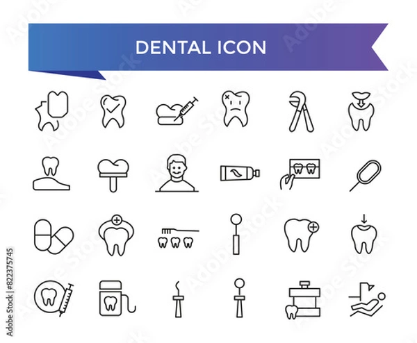 Fototapeta Dental icon collection. Related to tooth, dentist, toothpaste, toothbrush, teeth, implant and dentistry icons. Line icon set.
