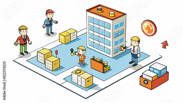 Fototapeta An emergency evacuation plan for an office building The plan includes clearly marked evacuation routes and designated meeting points outside the. Cartoon Vector