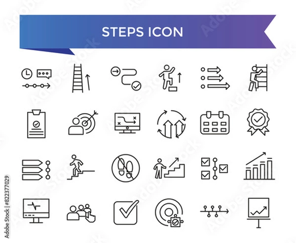 Fototapeta Steps icon collection. Related to stairs, footprint, progress, step by step, roadmap, process, walk and more. Line vector icons set.