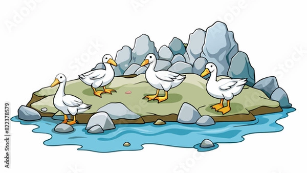 Fototapeta On a rocky shoreline a group of migrating geese take a brief rest before continuing their journey north. Their white and gray feathers shimmer in the. Cartoon Vector