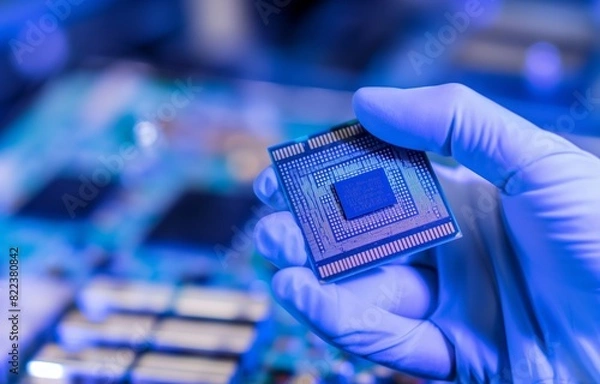Obraz A person is holding a blue electronic component in their gloved hand generated by AI