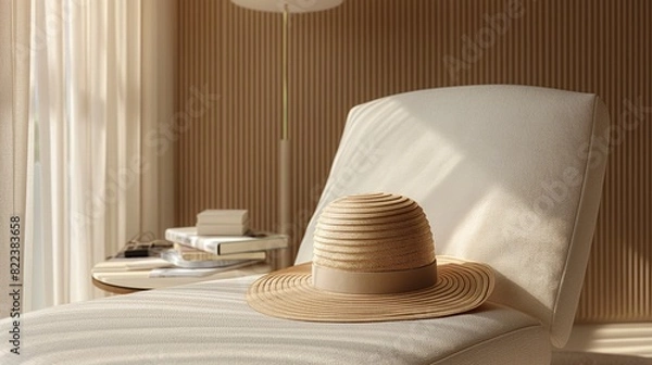 Fototapeta Cozy Summer Reading Corner with Straw Hat and Lounge Chair in the Beige Colored Interior
