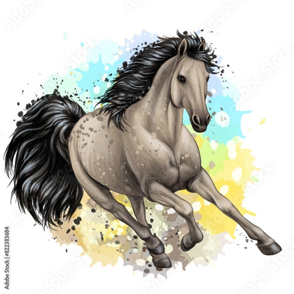 Fototapeta Graphic, color image of a running horse in watercolor style on a white background.