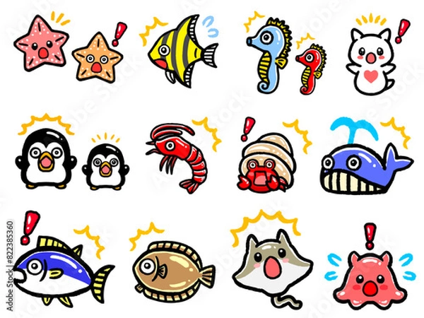Fototapeta びっくりするかわいい海の生き物のアイコンイラストセット