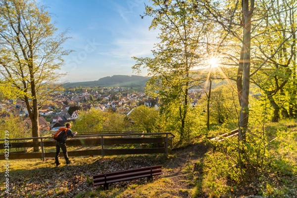 Fototapeta Mann mit Rucksack steht zwischen Bäumen und schaut auf Floh-Seligenthal
