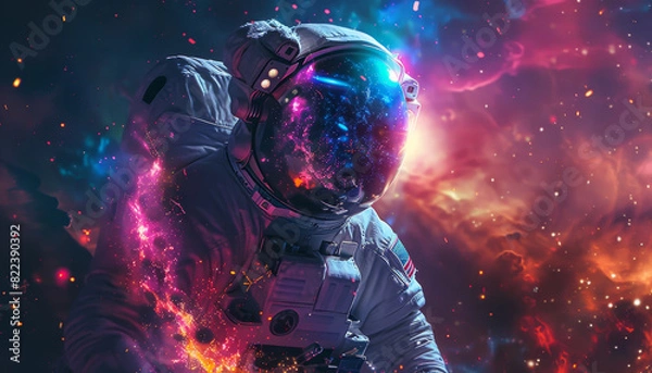 Fototapeta A colorful astronaut is reaching out to a glowing cloud of colorful gas by AI generated image