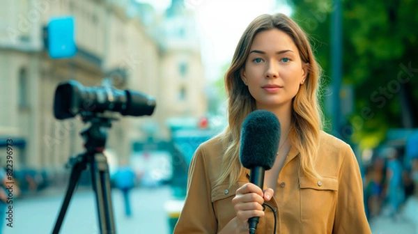 Obraz TV correspondent journalist with microphone during live breaking news outside, full length shot, looking at camera