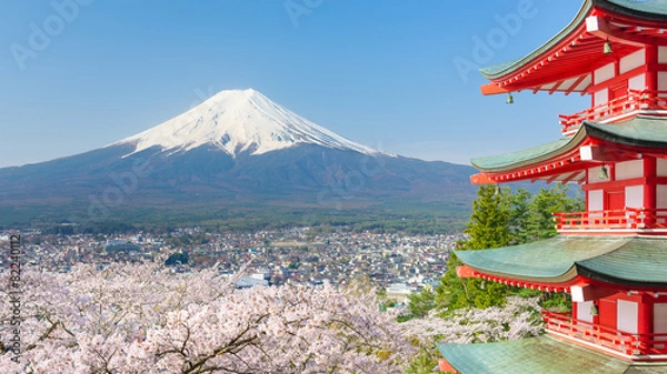 Fototapeta Red pagoda with Mt. Fuji as the background