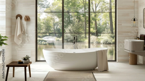 Fototapeta A large bathtub with a view of a lake and a bench in front of it