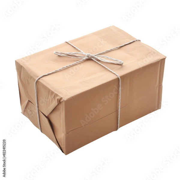 Fototapeta A neatly wrapped package with brown paper and secured with twine, isolated on a white background