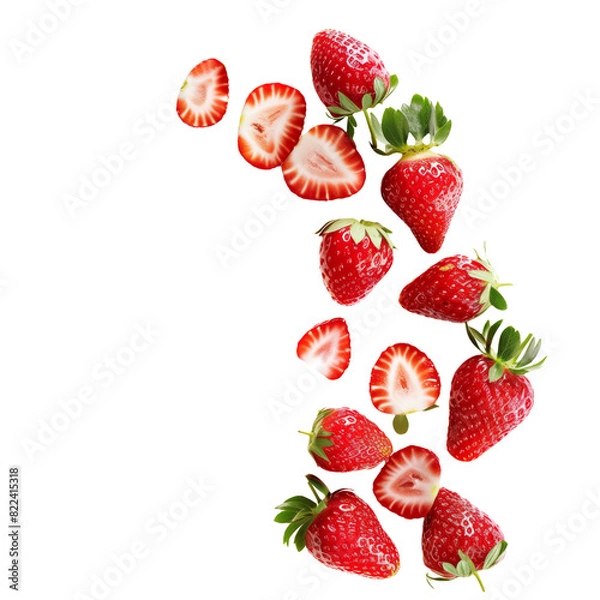 Fototapeta A collection of fresh strawberries in various states of being sliced, floating against a white backdrop