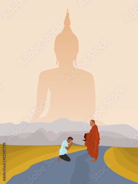 Obraz A man kneels to give food to a Buddhist monk.