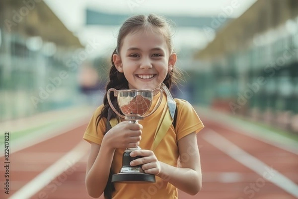 Fototapeta A young girl is holding a trophy and smiling generated by AI