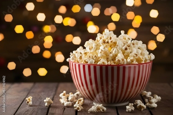 Fototapeta A sweetcorn snack in a wooden bowl is perfect for watching movies generative ai