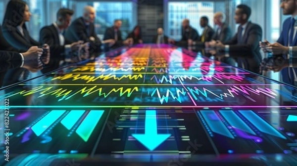 Fototapeta An executive boardroom with a futuristic touchscreen table displaying a vibrant business graph with arrows showing profit increases, surrounded by focused businesspeople,