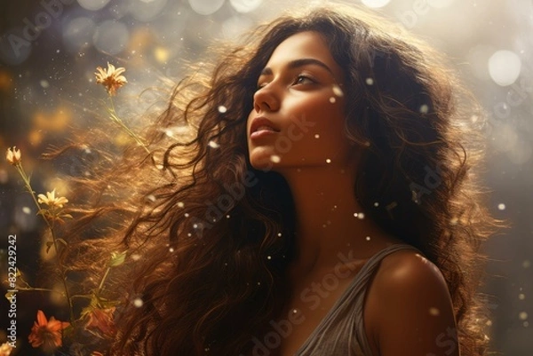 Fototapeta Ethereal image of a youthful female with radiant sparkles and a warm, magical ambiance