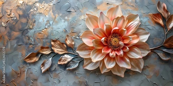 Fototapeta Abstract floral background with dahlia flower and golden leaves. 3d render