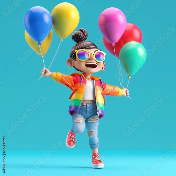 Fototapeta Joyous 3D female character with rainbow-colored balloons, celebrating diversity