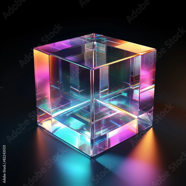 Fototapeta 3d crystal glass cubes refracted with holographic effect isolated on transparent or dark background