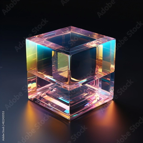Fototapeta 3d crystal glass cubes refracted with holographic effect isolated on transparent or dark background