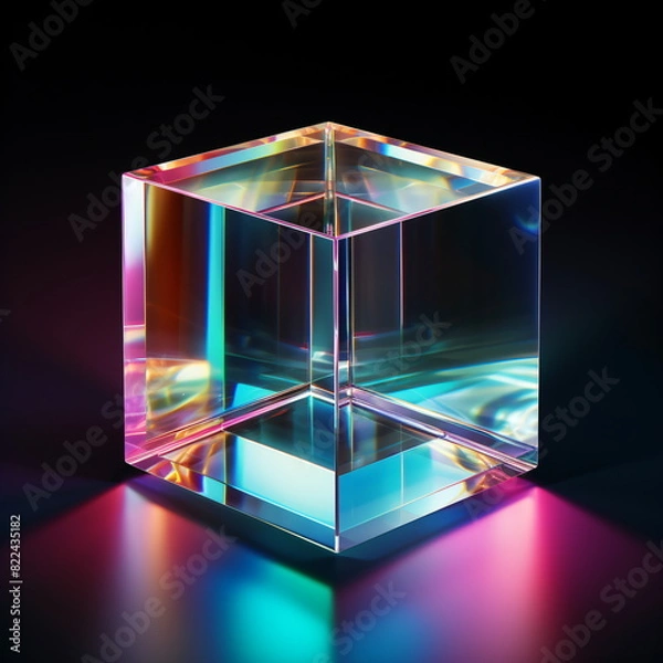 Fototapeta 3d crystal glass cubes refracted with holographic effect isolated on transparent or dark background