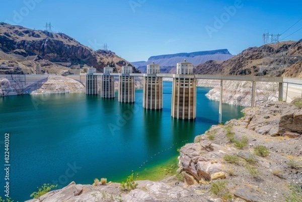 Fototapeta Large Hydroelectric Dam with Reservoir in Desert Landscape