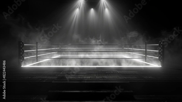Fototapeta Black and white image of a boxing ring with ropes and corner posts