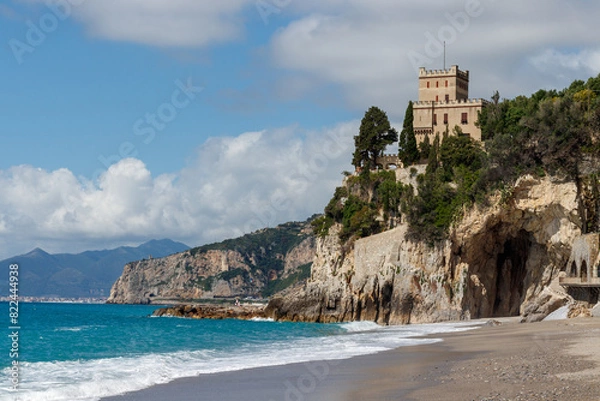 Fototapeta Finale ligure san donato bay with waves crashing on beach, italy