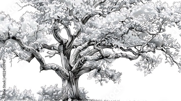 Fototapeta tree, background, graphic, outline, drawing, illustration, isolated, set, design, leaf, nature, vector, forest, plant, palm, silhouette, trunk, vignetting, art, collection, element, tropical, white, b