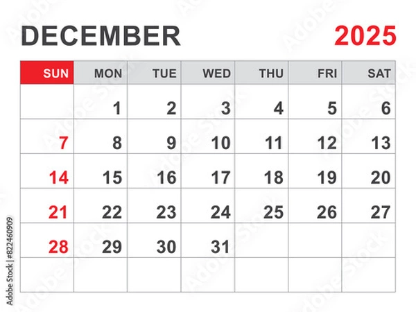 Fototapeta Calendar 2025 template, December 2025 layout, Printable minimalist monthly planner, Desk Calendar 2025 template, Wall calendar design, Week Start On Sunday, Stationery, printing, red color, vector