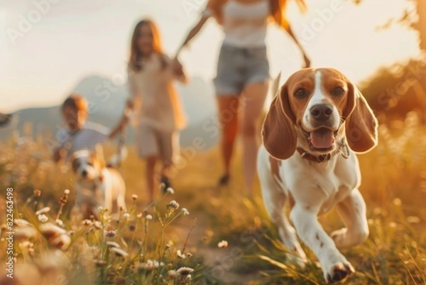 Fototapeta Happy family strolls through a clearing on a sunny day outdoors with a joyful beagle dog