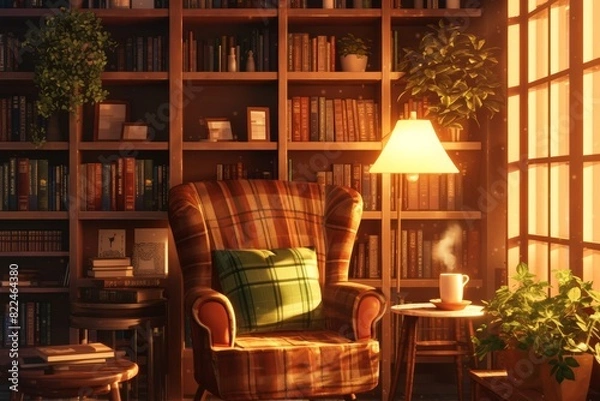 Fototapeta Cozy Reading Corner in a Coffee Shop with Bookshelf, Comfortable Armchair, Steaming Coffee, and Vintage Lamp
