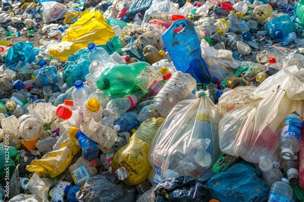 Fototapeta An extensive view of a landfill packed with plastic waste, including bags, bottles, and packaging, highlighting the plastic pollution crisis.. AI generated.