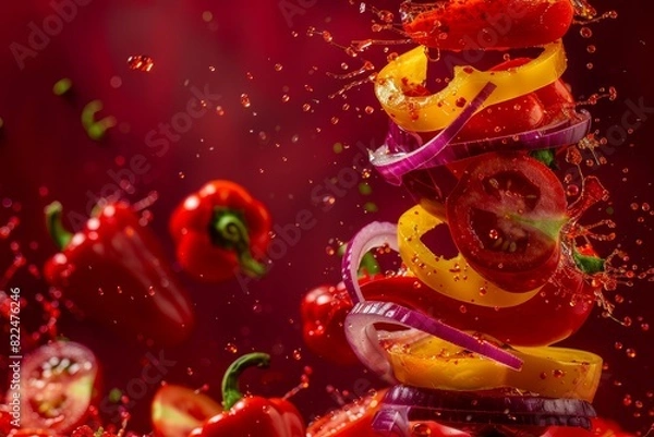 Fototapeta Fiery Cascade of Sliced Bell Peppers and Red Onions Against a Dark Red Background - Intense Vegetable Heat for Creative Culinary Design