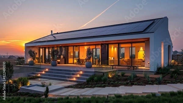 Fototapeta A modern, eco-friendly house with solar panels set in a serene rural landscape at sunset.