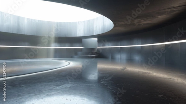 Fototapeta A large, empty room with a circular ceiling and a staircase