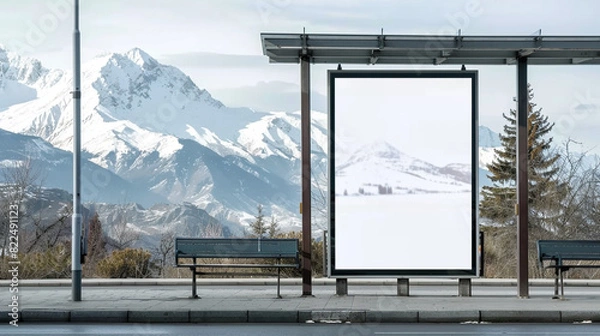Fototapeta Snowy mountains frame an expansive vertical blank billboard at a bus stop.