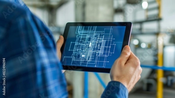 Fototapeta Engineer with CAD Software on Tablet, White Background