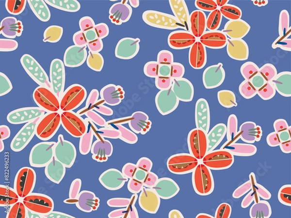 Fototapeta COLORFUL HAND DRAWN FLORAL SEAMLESS PATTERN WITH BLUE BACKGROUND DIGITAL SEAMLESS PRINT