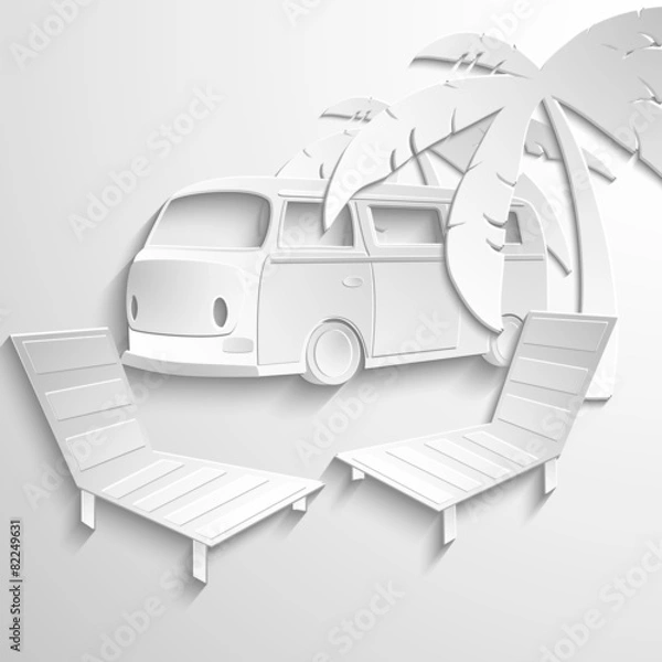 Fototapeta Hippie van travel beach adventure vacation flat 3d web isometric
