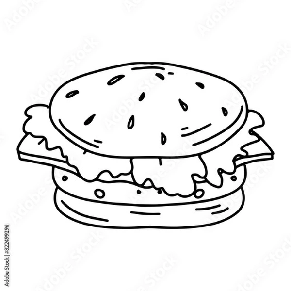 Obraz Tasty burger. Hand drawn doodle style. Vector illustration isolated on white. Coloring page.