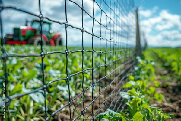 Fototapeta Steel wire mesh fencing in agricultural fields with farm crops and machinery in the background, showcasing utility and durability.. AI generated.
