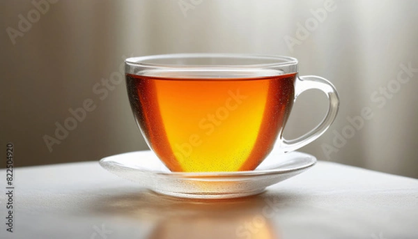 Fototapeta Close-up of a cup of tea on a table with a white tablecloth.