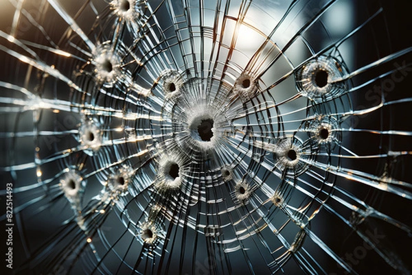 Fototapeta multiple bullet holes in a glass door close-up