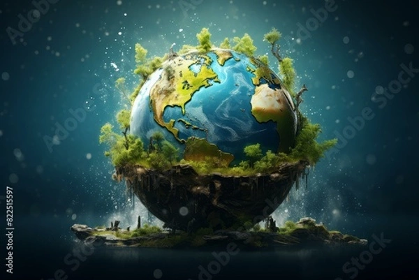 Fototapeta Surreal image of earth as a lush island with forests and waterfalls, suspended in a starry cosmos